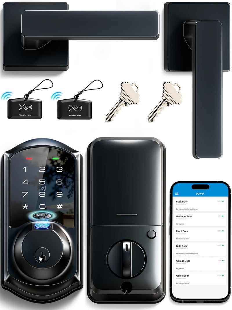 Veise VE07-L Fingerprint App Control Smart Locks with Heavy-Duty Zinc Alloy Handles, Keyless Entry for Front Door, Digital Electronic Touchscreen, Auto Lock, Waterproof, Easy Install, Matte Black - Image 1