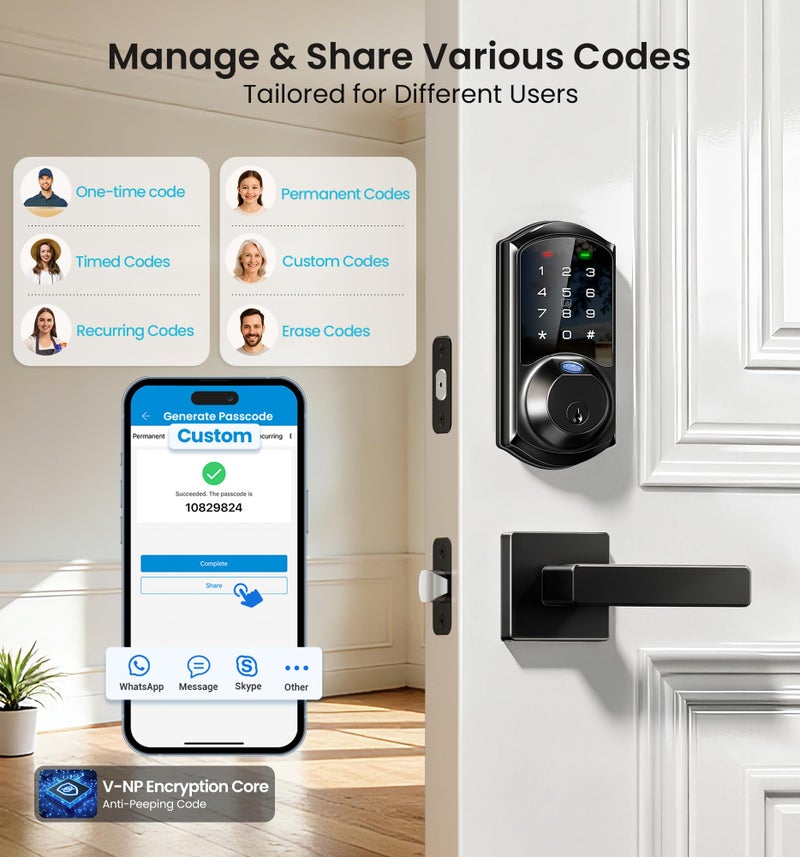 Veise VE07-L Fingerprint App Control Smart Locks with Heavy-Duty Zinc Alloy Handles, Keyless Entry for Front Door, Digital Electronic Touchscreen, Auto Lock, Waterproof, Easy Install, Matte Black - Image 3