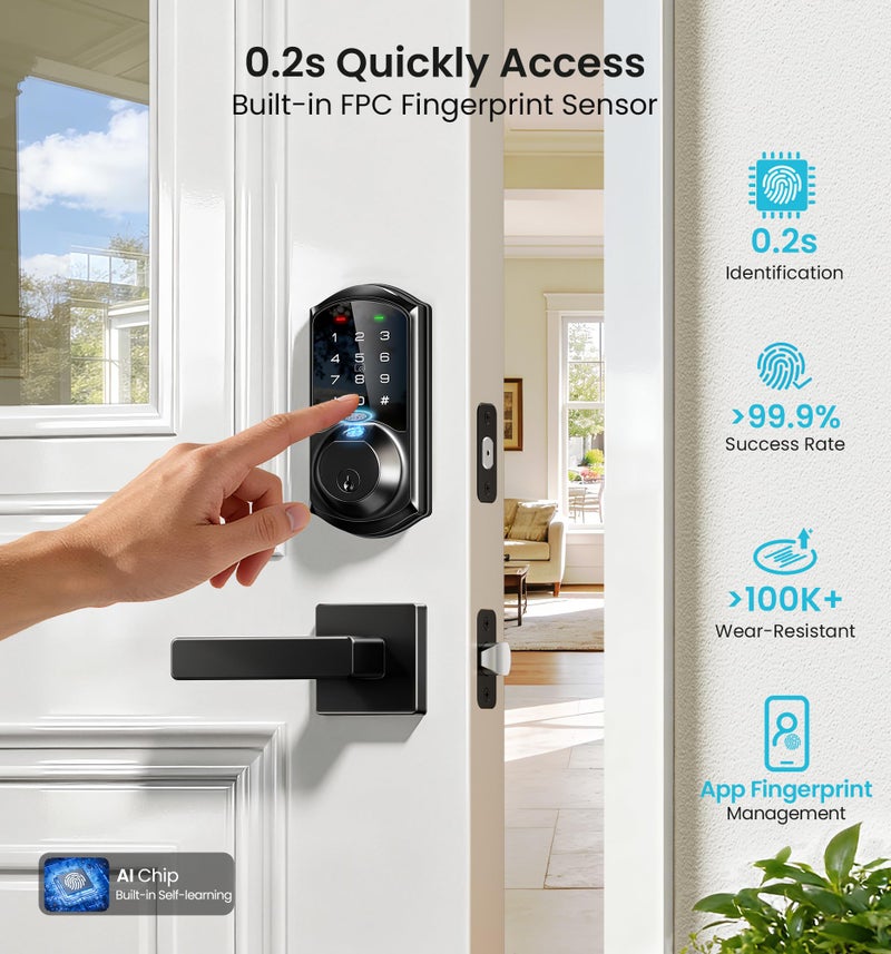 Veise VE07-L Fingerprint App Control Smart Locks with Heavy-Duty Zinc Alloy Handles, Keyless Entry for Front Door, Digital Electronic Touchscreen, Auto Lock, Waterproof, Easy Install, Matte Black - Image 4