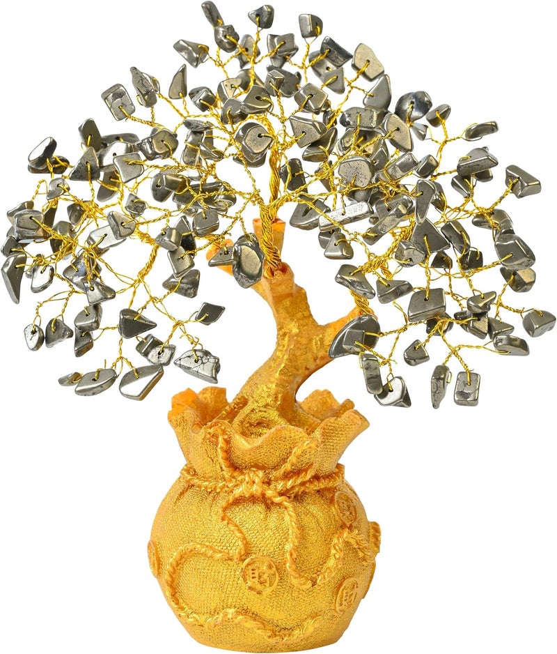Crocon Pyrite Crystal Money Tree with Golden Potli Base – Wealth, Vastu, Reiki Healing & Good Luck – Feng Shui Bonsai Gift for Women, Friends, Birthday, Home & Office Decor – Handmade Gemstone Tree - Image 1