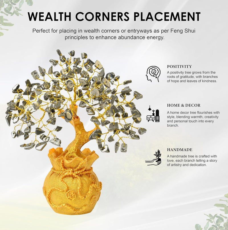 Crocon Pyrite Crystal Money Tree with Golden Potli Base – Wealth, Vastu, Reiki Healing & Good Luck – Feng Shui Bonsai Gift for Women, Friends, Birthday, Home & Office Decor – Handmade Gemstone Tree - Image 3