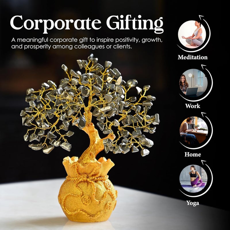 Crocon Pyrite Crystal Money Tree with Golden Potli Base – Wealth, Vastu, Reiki Healing & Good Luck – Feng Shui Bonsai Gift for Women, Friends, Birthday, Home & Office Decor – Handmade Gemstone Tree - Image 5