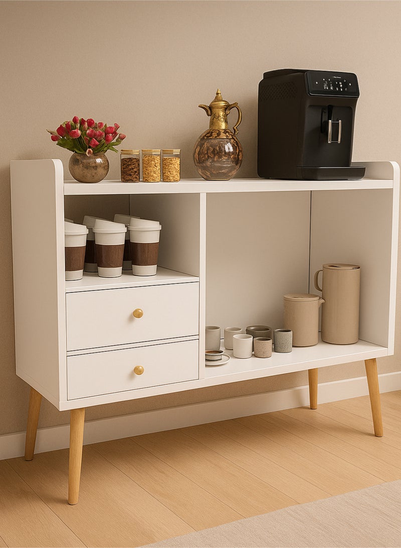 AGD Coffee Corner for Living Room with Storage, Entryway Side Cabinet Modern Buffet, Large Top with 2 Drawers, Wooden Center Table for Home, 100 x 35 x 80 cm, White - Image 1