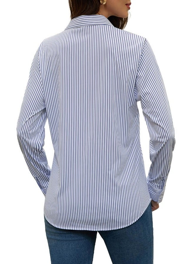 COUXILY Soft Non-Iron & Wrinkle-Free Womens Button Down Shirts with Mulberry Silk Long Sleeve Blouse Casual Work Tops, S04 Striped Blue, M - Image 5