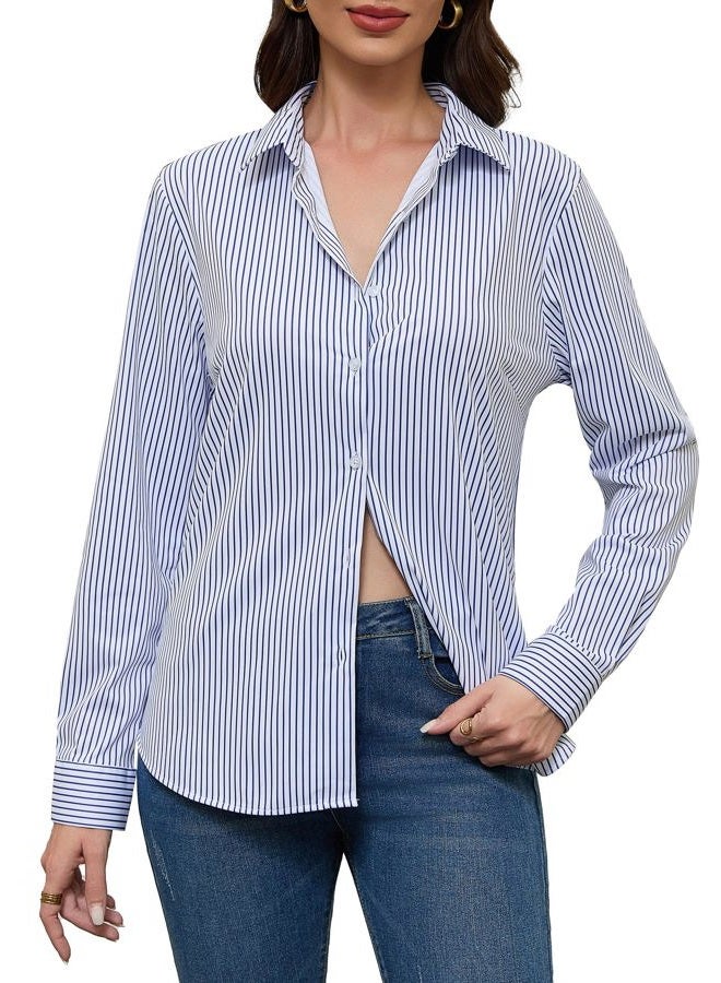 COUXILY Soft Non-Iron & Wrinkle-Free Womens Button Down Shirts with Mulberry Silk Long Sleeve Blouse Casual Work Tops, S04 Striped Blue, M - Image 4