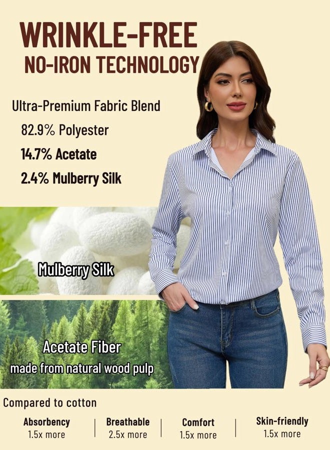 COUXILY Soft Non-Iron & Wrinkle-Free Womens Button Down Shirts with Mulberry Silk Long Sleeve Blouse Casual Work Tops, S04 Striped Blue, M - Image 3
