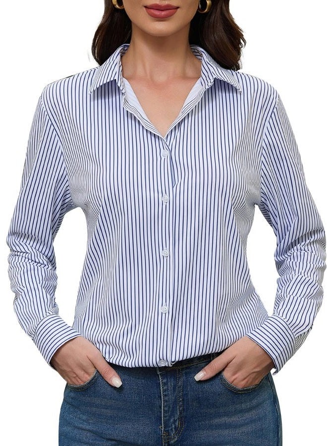 COUXILY Soft Non-Iron & Wrinkle-Free Womens Button Down Shirts with Mulberry Silk Long Sleeve Blouse Casual Work Tops, S04 Striped Blue, M - Image 2