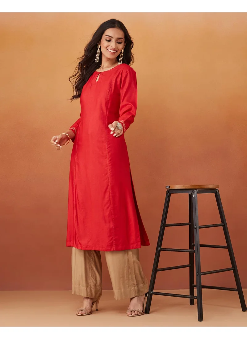 Fabindia Red Viscose Silk Slim Fit Embroidered Long Kurta