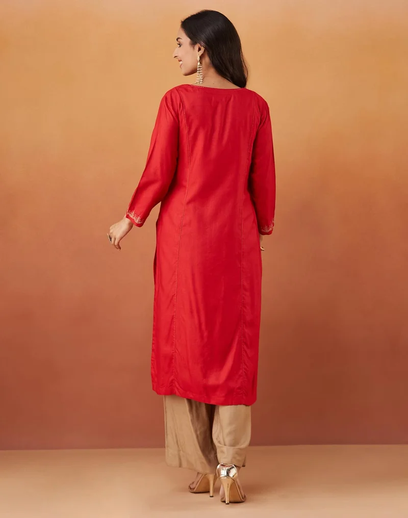 Fabindia Red Viscose Silk Slim Fit Embroidered Long Kurta