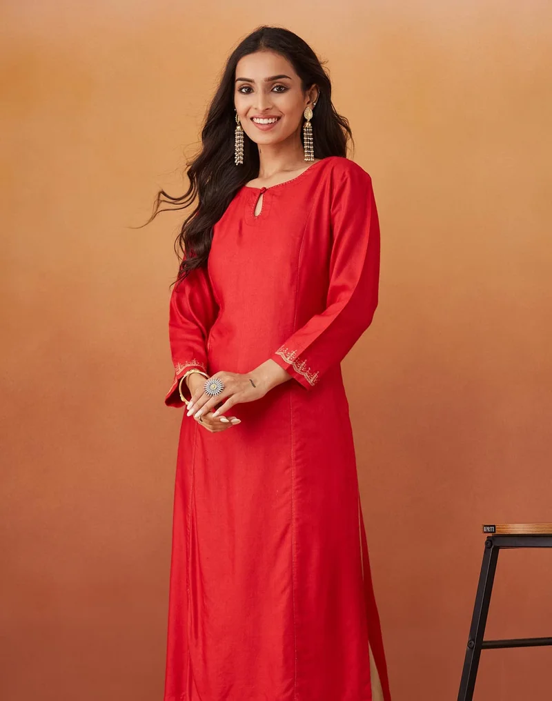 Fabindia Red Viscose Silk Slim Fit Embroidered Long Kurta