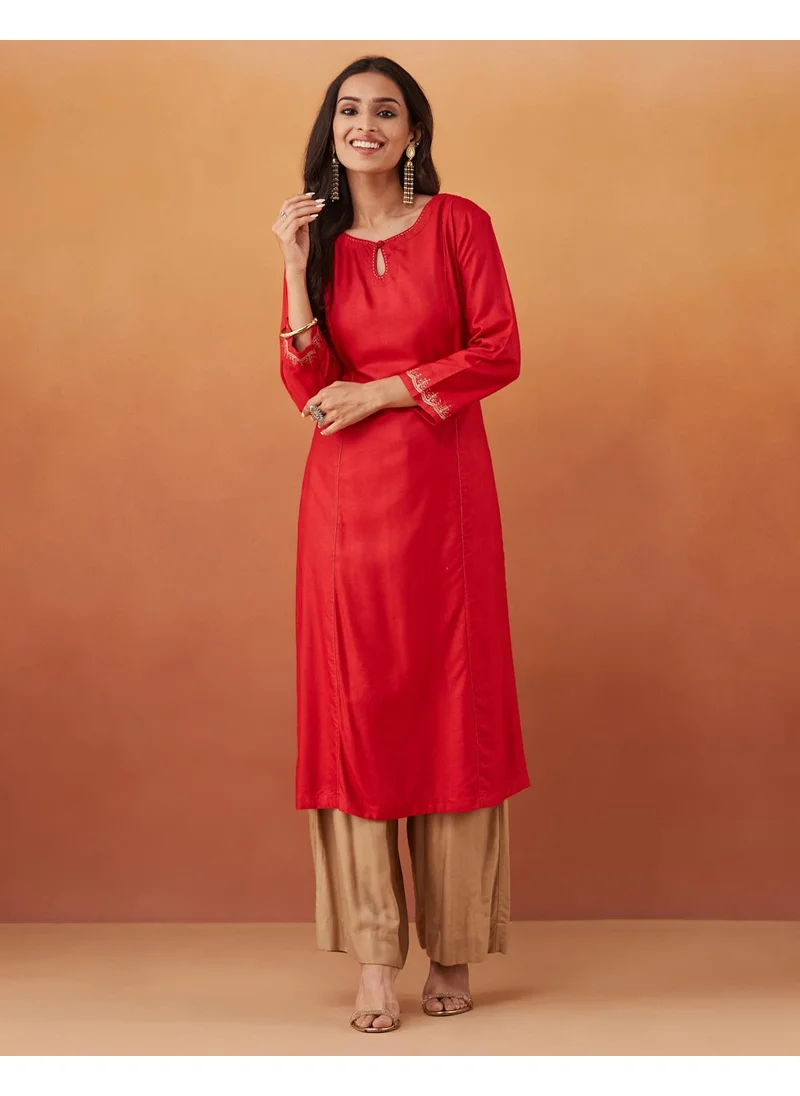 Fabindia Red Viscose Silk Slim Fit Embroidered Long Kurta