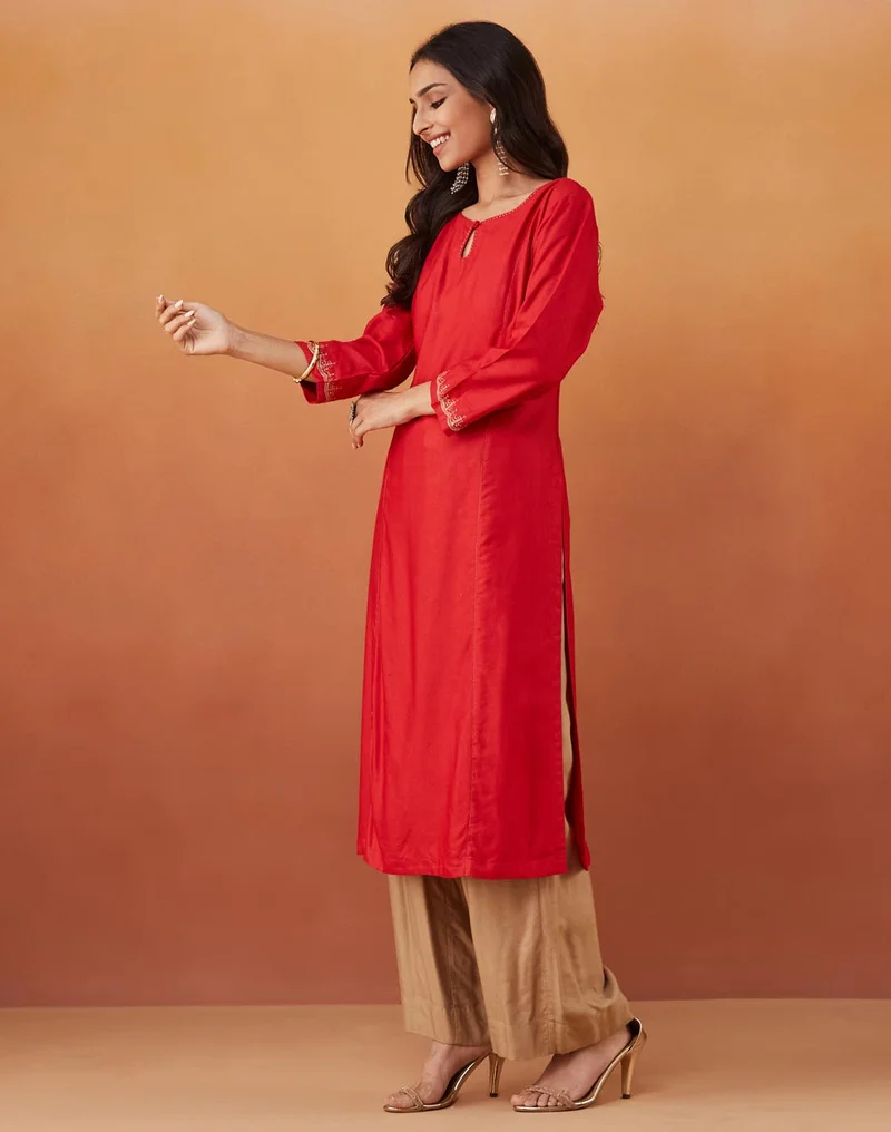Fabindia Red Viscose Silk Slim Fit Embroidered Long Kurta