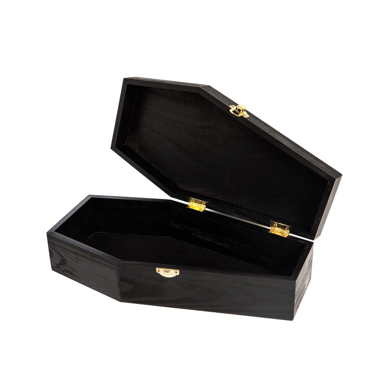 Creative Hobbies 12" Black Painted Wooden Coffin Box â€“ Hinged Halloween Casket for DÃ©cor, Party Favors, Goth Display, Doll or Pet Memorial - Image 2