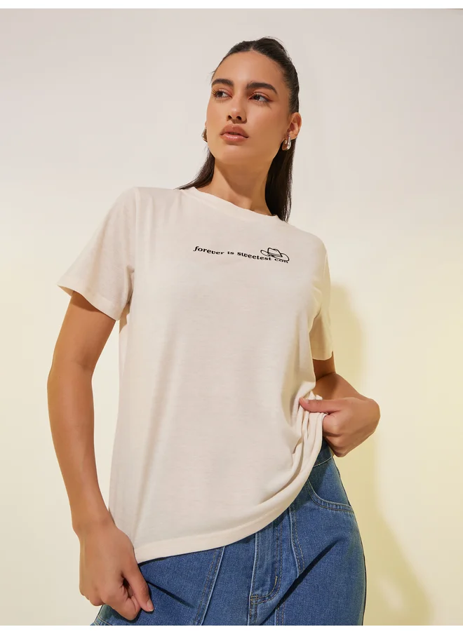 تايك تو Take Two Slogan Print Round Neck T-Shirt