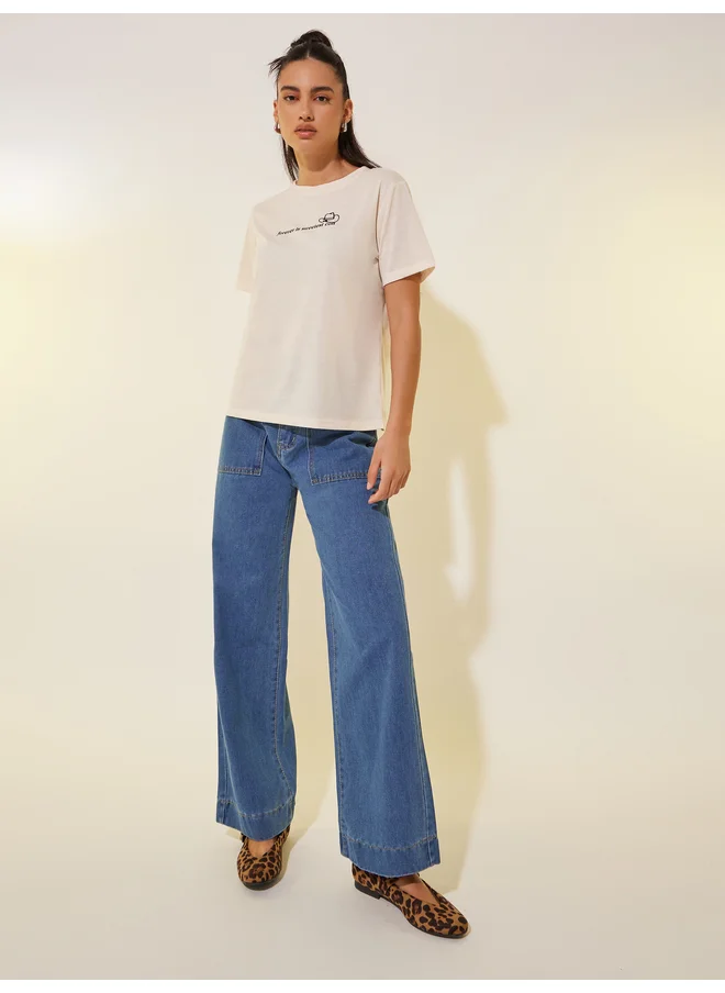 تايك تو Take Two Slogan Print Round Neck T-Shirt