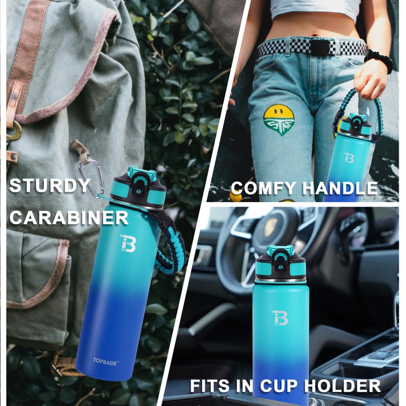 TOPBADE 32oz Insulated Water Bottle with Straw Lid & Spout Lid & Paracord Handle, Stainless Steel Water Bottle Wide Mouth, Double Wall for Women Men Gym Fitness Outdoor GREEN BLUE - Image 2
