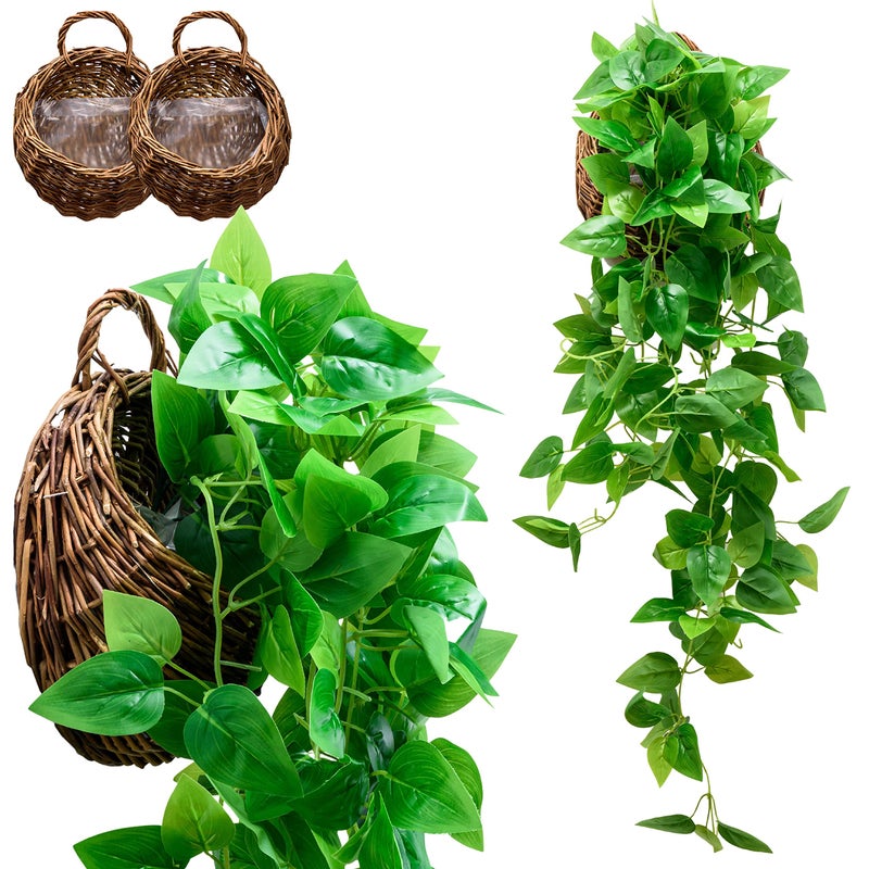 Tapeera 2Pack Artificial Plants with Baskets  Ivy Vines Pothos  Outdoor  Indoor Decorations  Wall Faux Hanging Vine with Fake Leaves