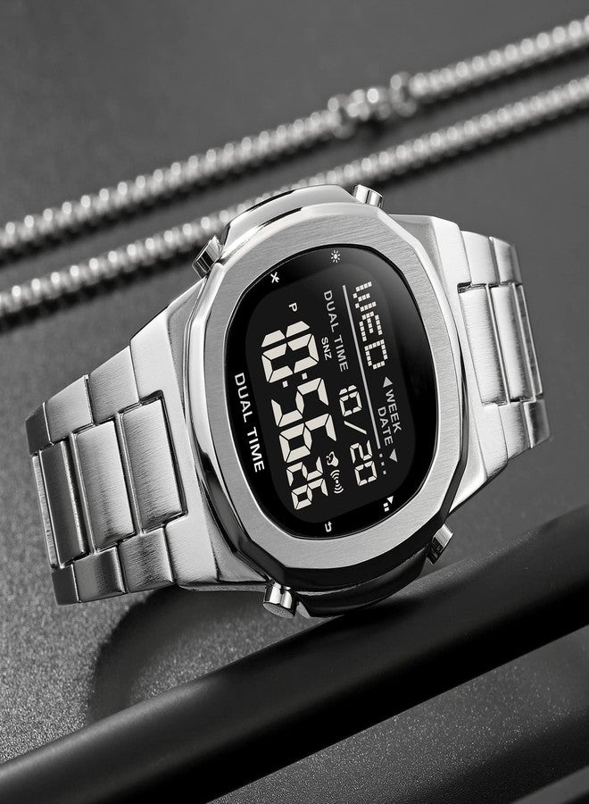 Reginald Men's Multifunctional Electronic Watch Outdoor Sports Watch LED Large Digital Display Timing Stainless Steel Watch (Silver2), S2004 - Image 4