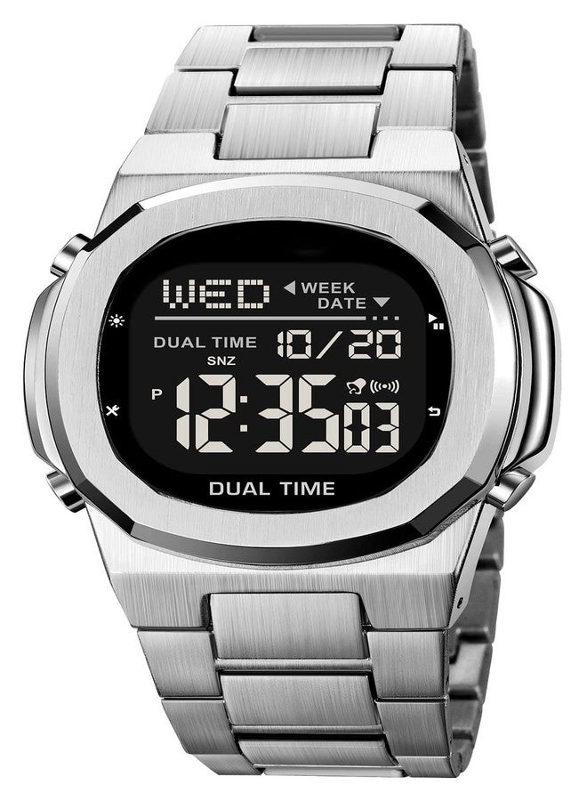 Reginald Men's Multifunctional Electronic Watch Outdoor Sports Watch LED Large Digital Display Timing Stainless Steel Watch (Silver2), S2004 - Image 1