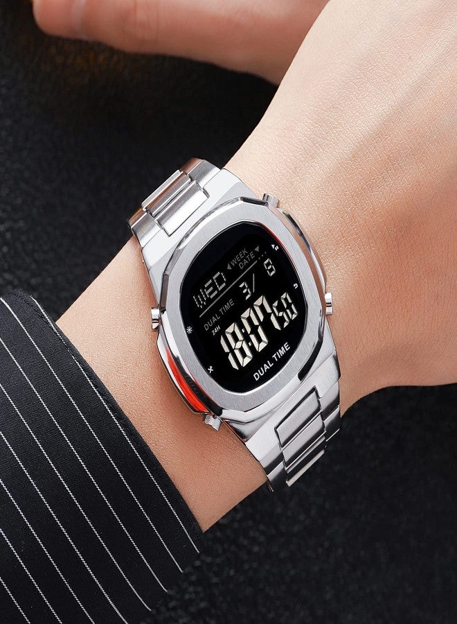 Reginald Men's Multifunctional Electronic Watch Outdoor Sports Watch LED Large Digital Display Timing Stainless Steel Watch (Silver2), S2004 - Image 5