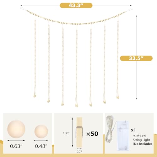 KLOGTSIND Macrame Hanging Photo Display Boho Wall Decor, Picture Christmas Card Holder with String Lights, Photo Hanger with 50 Clips for Room, Dorm, Nursery, Home Decor, Teenage Teen Girl Gifts - Image 3