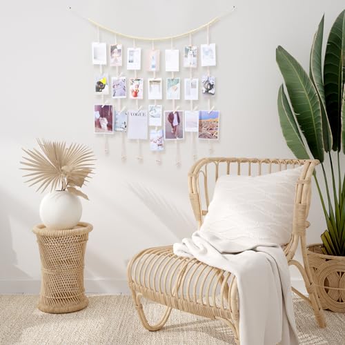 KLOGTSIND Macrame Hanging Photo Display Boho Wall Decor, Picture Christmas Card Holder with String Lights, Photo Hanger with 50 Clips for Room, Dorm, Nursery, Home Decor, Teenage Teen Girl Gifts - Image 4