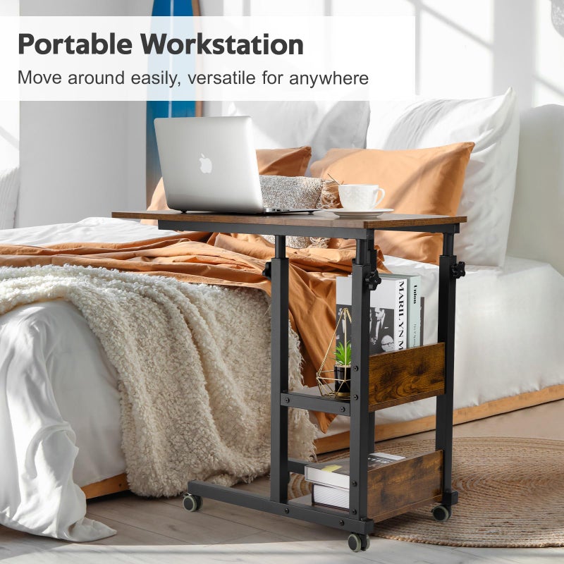 Hadulcet C Shaped Side Table Adjustable, Height Adjustable C Table with Wheels and Storage Shelves for Couch Bed Recliner Rustic Brown - Image 5