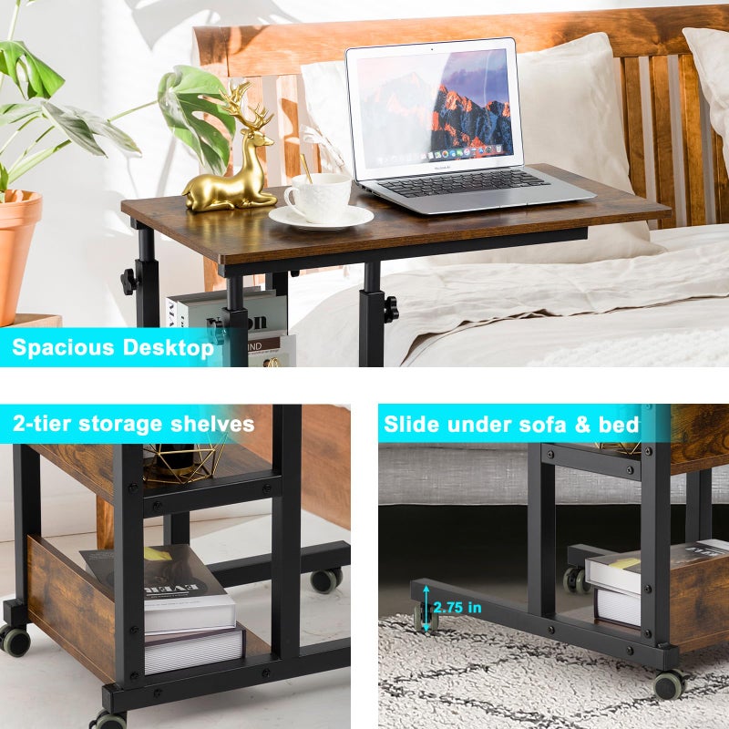 Hadulcet C Shaped Side Table Adjustable, Height Adjustable C Table with Wheels and Storage Shelves for Couch Bed Recliner Rustic Brown - Image 3