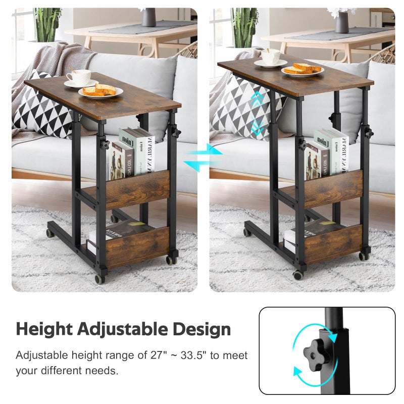 Hadulcet C Shaped Side Table Adjustable, Height Adjustable C Table with Wheels and Storage Shelves for Couch Bed Recliner Rustic Brown - Image 4