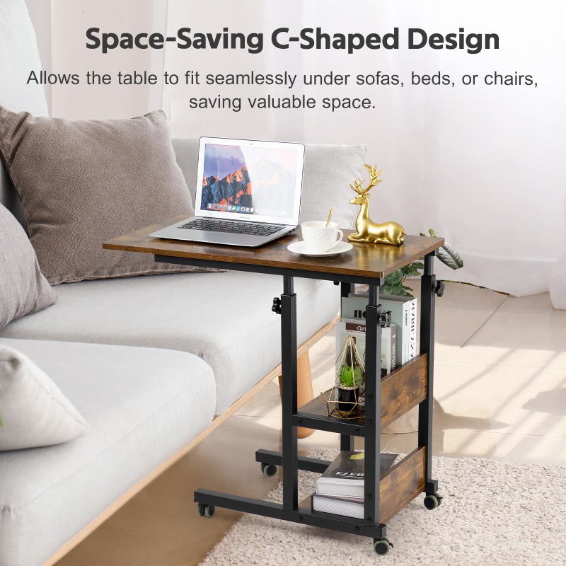 Hadulcet C Shaped Side Table Adjustable, Height Adjustable C Table with Wheels and Storage Shelves for Couch Bed Recliner Rustic Brown - Image 2
