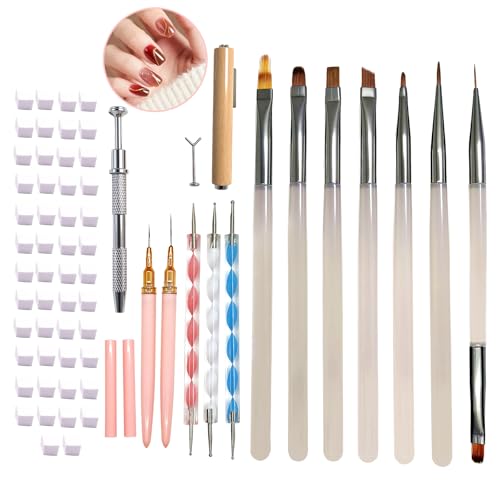 Neutechno 65Pcs Nail Art Tools Set, Professional 7Pcs Nail Art Brushes and 2Pcs Striping Liner Brush, 3Pcs Dual Tipped Dotting Pens, 4-Types Cat Eye Magnet, 50Pc Nails Sponges for Ombre & Grabbing Pen - Image 1