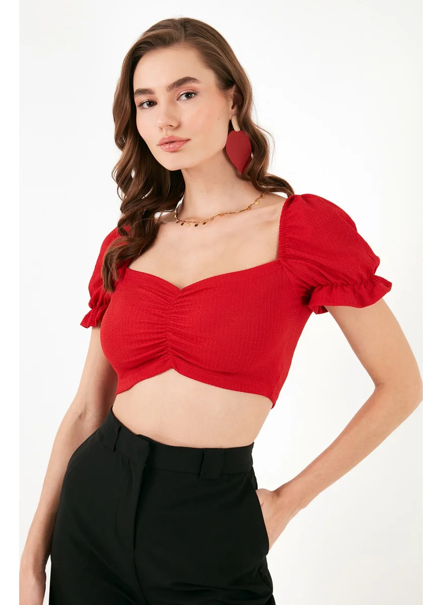 ليلا Slim Fit Gather Detailed Heart Collar Crop Blouse Women's Blouse 5865601