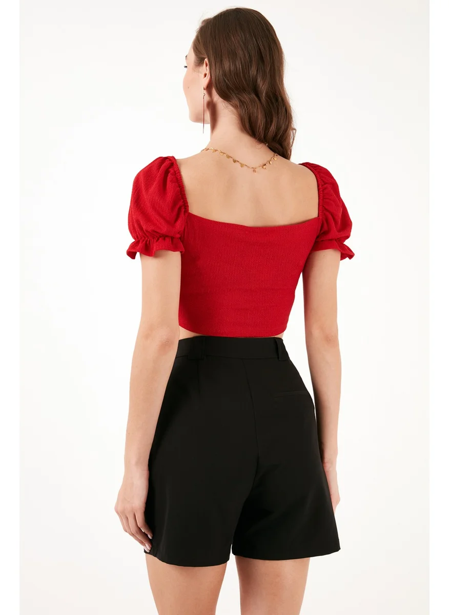 ليلا Slim Fit Gather Detailed Heart Collar Crop Blouse Women's Blouse 5865601