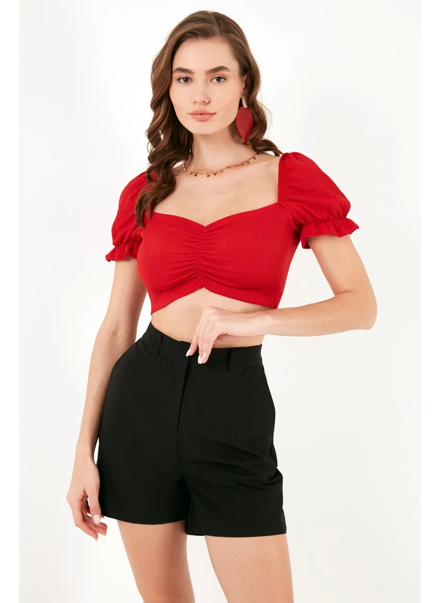 Lela Slim Fit Gather Detailed Heart Collar Crop Blouse Women's Blouse 5865601