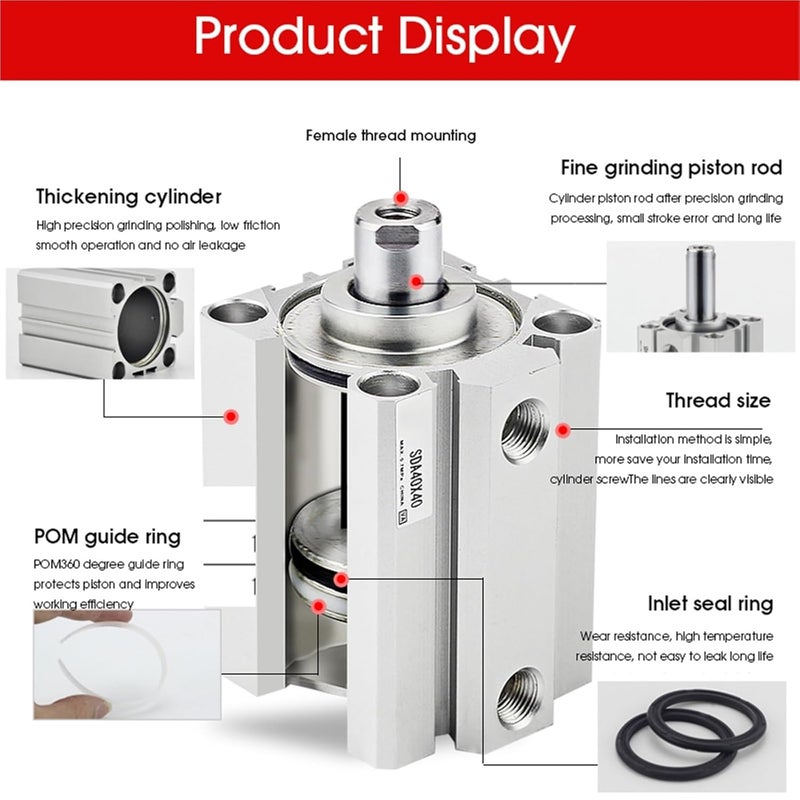 SDA Compact Cylinder SDA16 SDA12 Stroke 10/20/30/40 Double Acting Pneumatic Piston 1Pcs(Stroke 65mm,Bore 16mm) - Image 3