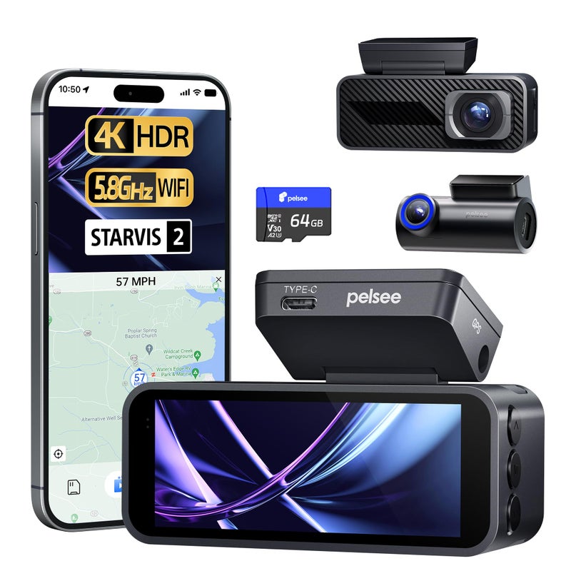Pelsee P1 Pro 4K Dash Cam Front and Rear STARVIS 2 Sensor 64GB Card Dual Dash Camera for Cars with FullColor Night Vision HDR WDR ADAS GPS WiFi Voice Control 24H Parking Mode 339 Screen - Image 2