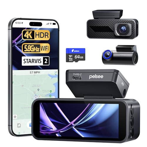 Pelsee P1 Pro 4K Dash Cam Front and Rear STARVIS 2 Sensor 64GB Card Dual Dash Camera for Cars with FullColor Night Vision HDR WDR ADAS GPS WiFi Voice Control 24H Parking Mode 339 Screen - Image 1