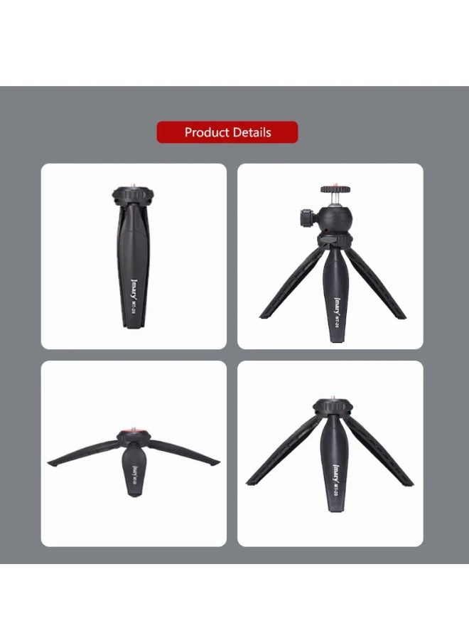 Foldable Portable Tripod MT-20 , Mini Desktop Stand for Phones, Digital Cameras, and DSLRs , Lightweight and Sturdy Design , Aluminum Ball Head Adjustable Height up to 7.5 inches , Supports up to 3 kg , Ideal for Travel, Video Shooting, Vlogging, and Mounting Smartphones and Cameras Anywhere with Stability and Flexibility , Equipped with a Universal Mobile Phone Holder for All Uses.