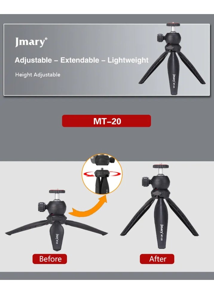 Foldable Portable Tripod MT-20 , Mini Desktop Stand for Phones, Digital Cameras, and DSLRs , Lightweight and Sturdy Design , Aluminum Ball Head Adjustable Height up to 7.5 inches , Supports up to 3 kg , Ideal for Travel, Video Shooting, Vlogging, and Mounting Smartphones and Cameras Anywhere with Stability and Flexibility , Equipped with a Universal Mobile Phone Holder for All Uses.