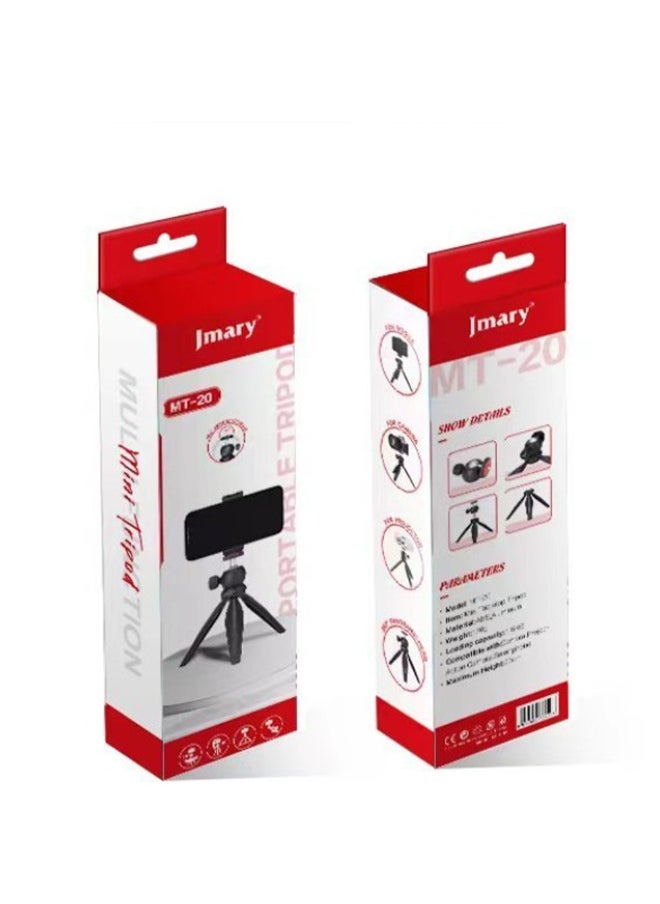 Foldable Portable Tripod MT-20 , Mini Desktop Stand for Phones, Digital Cameras, and DSLRs , Lightweight and Sturdy Design , Aluminum Ball Head Adjustable Height up to 7.5 inches , Supports up to 3 kg , Ideal for Travel, Video Shooting, Vlogging, and Mounting Smartphones and Cameras Anywhere with Stability and Flexibility , Equipped with a Universal Mobile Phone Holder for All Uses.