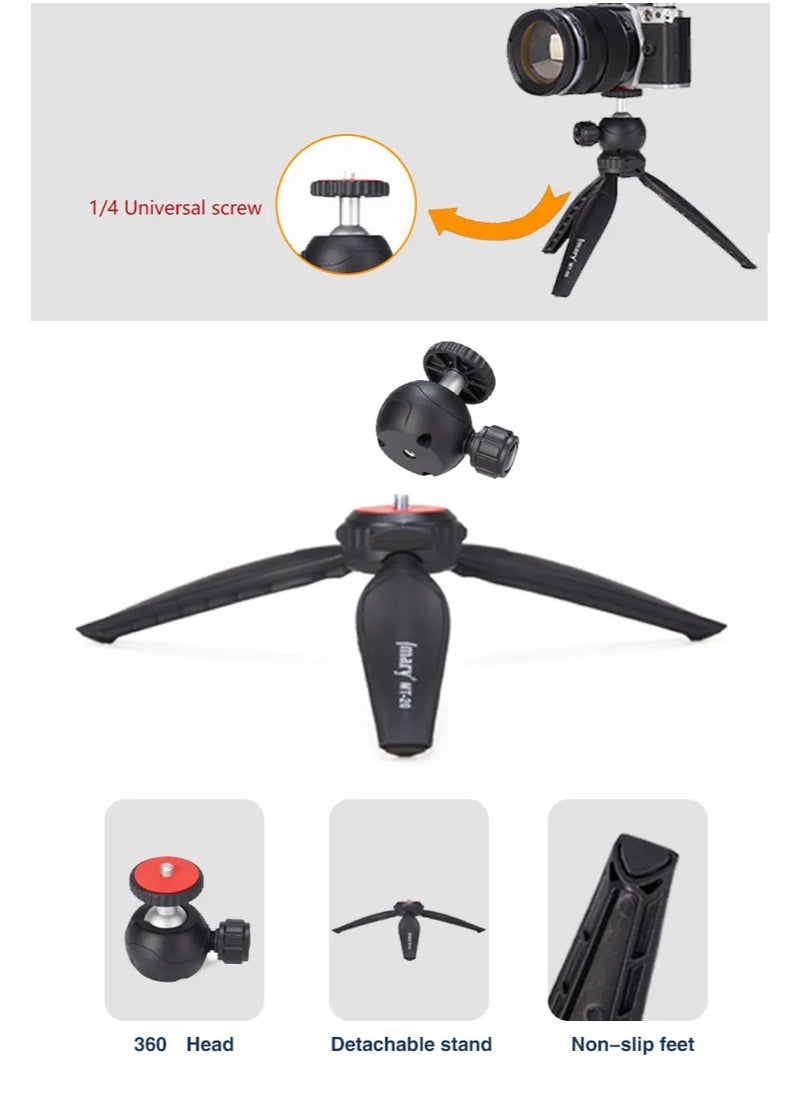 Foldable Portable Tripod MT-20 , Mini Desktop Stand for Phones, Digital Cameras, and DSLRs , Lightweight and Sturdy Design , Aluminum Ball Head Adjustable Height up to 7.5 inches , Supports up to 3 kg , Ideal for Travel, Video Shooting, Vlogging, and Mounting Smartphones and Cameras Anywhere with Stability and Flexibility , Equipped with a Universal Mobile Phone Holder for All Uses.