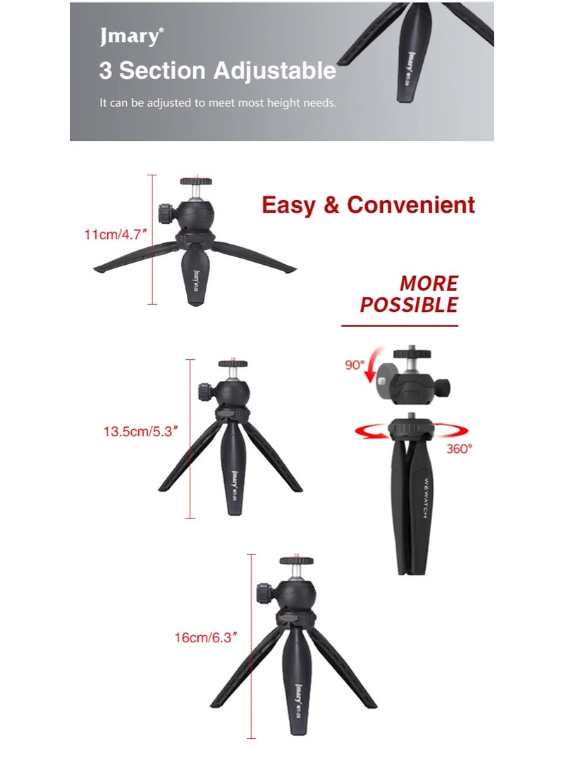 Foldable Portable Tripod MT-20 , Mini Desktop Stand for Phones, Digital Cameras, and DSLRs , Lightweight and Sturdy Design , Aluminum Ball Head Adjustable Height up to 7.5 inches , Supports up to 3 kg , Ideal for Travel, Video Shooting, Vlogging, and Mounting Smartphones and Cameras Anywhere with Stability and Flexibility , Equipped with a Universal Mobile Phone Holder for All Uses.