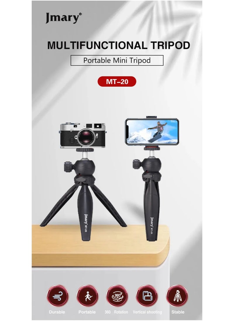 Foldable Portable Tripod MT-20 , Mini Desktop Stand for Phones, Digital Cameras, and DSLRs , Lightweight and Sturdy Design , Aluminum Ball Head Adjustable Height up to 7.5 inches , Supports up to 3 kg , Ideal for Travel, Video Shooting, Vlogging, and Mounting Smartphones and Cameras Anywhere with Stability and Flexibility , Equipped with a Universal Mobile Phone Holder for All Uses.