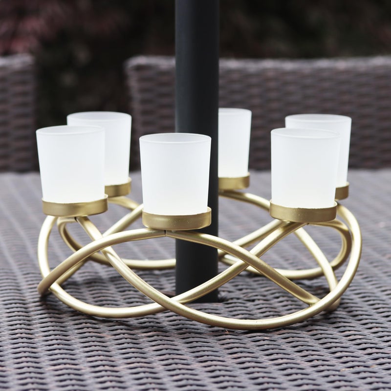 Seraphic Iron Round Table Decor Centerpiece Decorations Candle Holder for Weddings, Outdoor Patio, Kitchen, Dining Room, and Coffee Tables, Glass Votive Tealight Holders, Gold, 6 Frosted Cups - Image 2