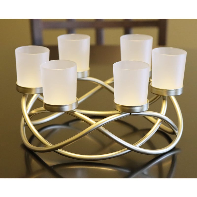 Seraphic Iron Round Table Decor Centerpiece Decorations Candle Holder for Weddings, Outdoor Patio, Kitchen, Dining Room, and Coffee Tables, Glass Votive Tealight Holders, Gold, 6 Frosted Cups - Image 1