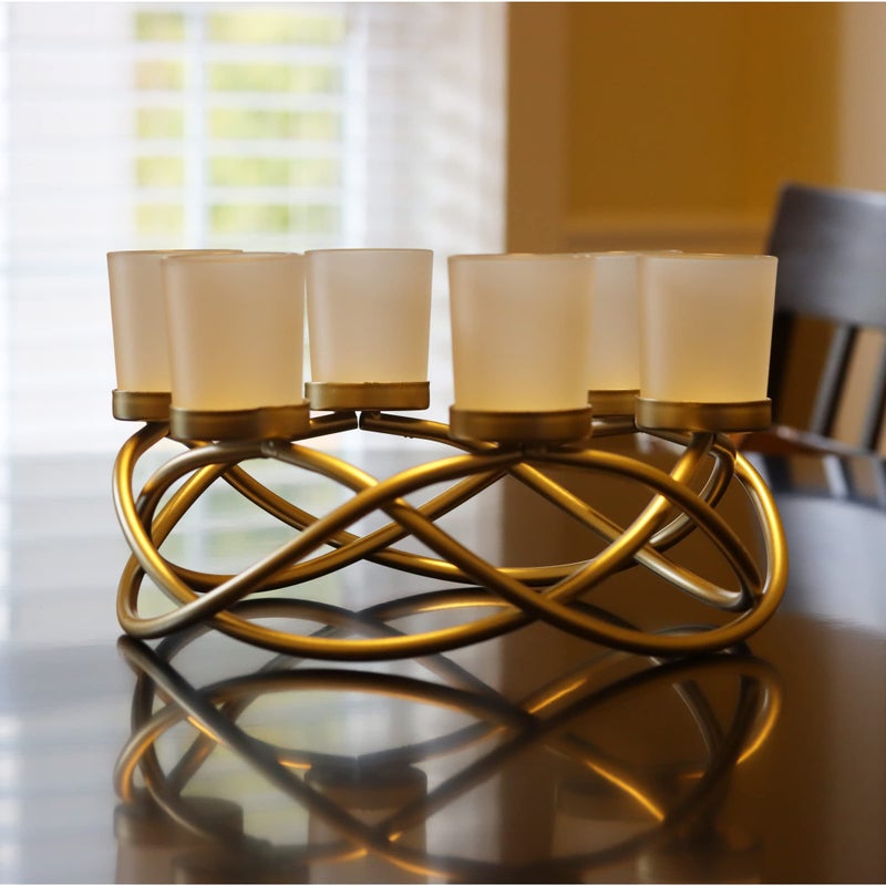 Seraphic Iron Round Table Decor Centerpiece Decorations Candle Holder for Weddings, Outdoor Patio, Kitchen, Dining Room, and Coffee Tables, Glass Votive Tealight Holders, Gold, 6 Frosted Cups - Image 5
