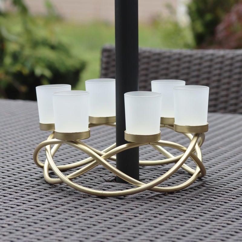 Seraphic Iron Round Table Decor Centerpiece Decorations Candle Holder for Weddings, Outdoor Patio, Kitchen, Dining Room, and Coffee Tables, Glass Votive Tealight Holders, Gold, 6 Frosted Cups - Image 3