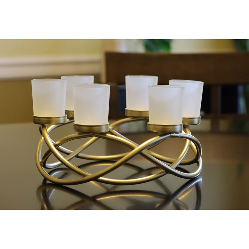 Seraphic Iron Round Table Decor Centerpiece Decorations Candle Holder for Weddings, Outdoor Patio, Kitchen, Dining Room, and Coffee Tables, Glass Votive Tealight Holders, Gold, 6 Frosted Cups - Image 4