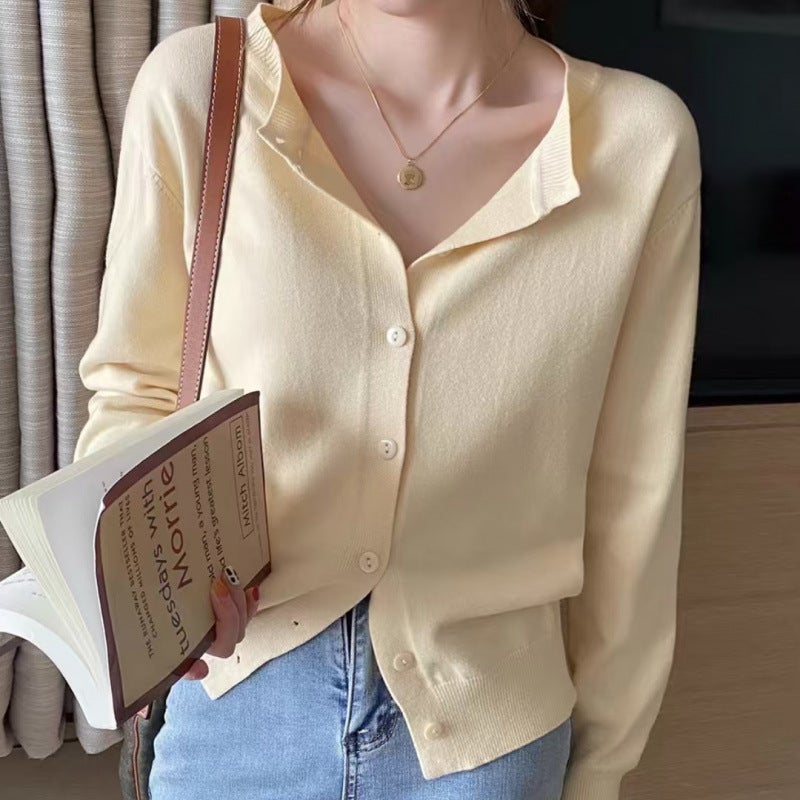 Thin 2024 Autumn New Knitted Cardigan Jacket Womens Long-sleeved Top with Slip Skirt Niche Sweater Trendy Apricot color [counter quality*93%]