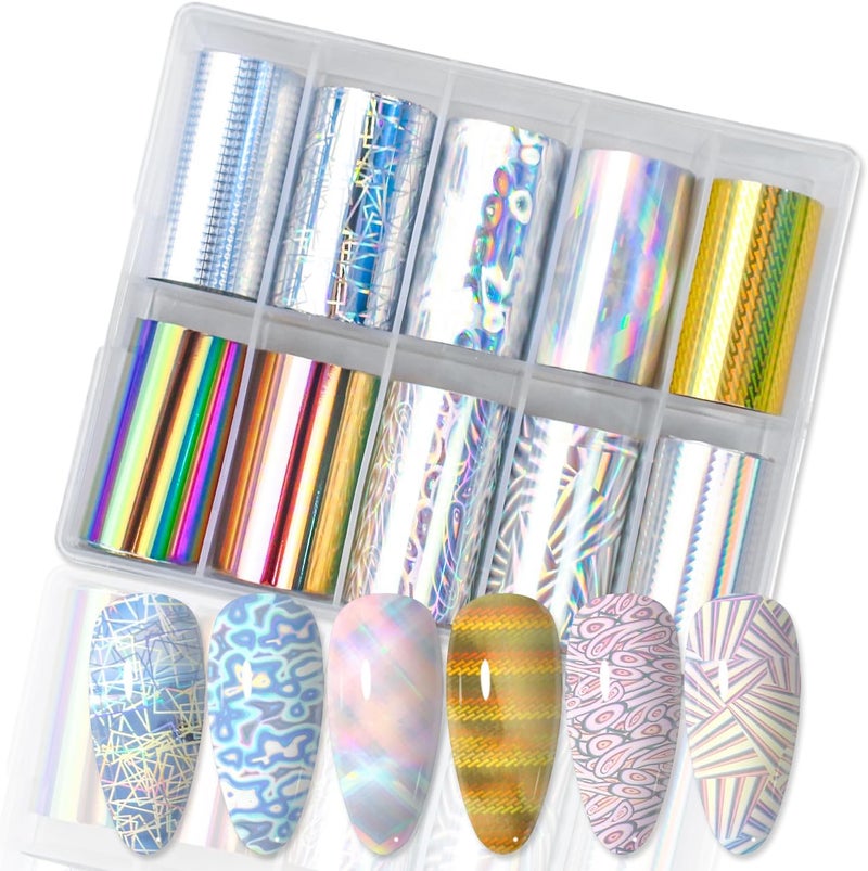 SILPECWEE 10 Rolls Glitter Nail Foil Holographic Nail Art Foil Decals Glass Nail Transfer Foil Shinny Nail Stickers Fingernail Manicure Design Nail Decoration for Acrylic Nails